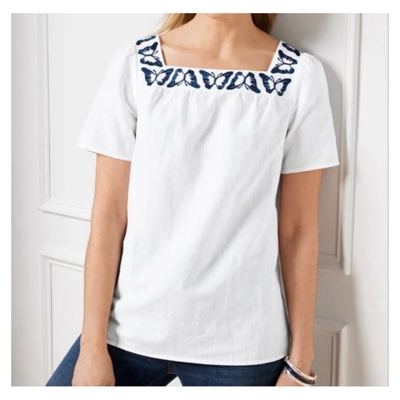 Talbots 3X BUTTERFLY‎ EMBROIDERED LINEN COTTON SQUARE NECK TOP - Picture 1 of 9